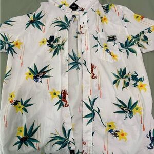 Vans White and Yellow Casual Button Down Shirt with Tropical Print